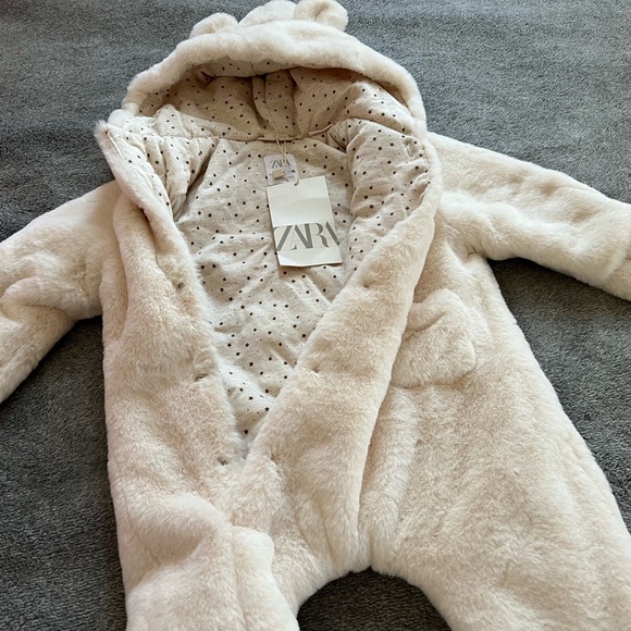 New Zara Baby Boy Girl Super Soft Cozy Coverall Suit Faux Fur Bearsuit White 3-6 - Picture 7 of 8